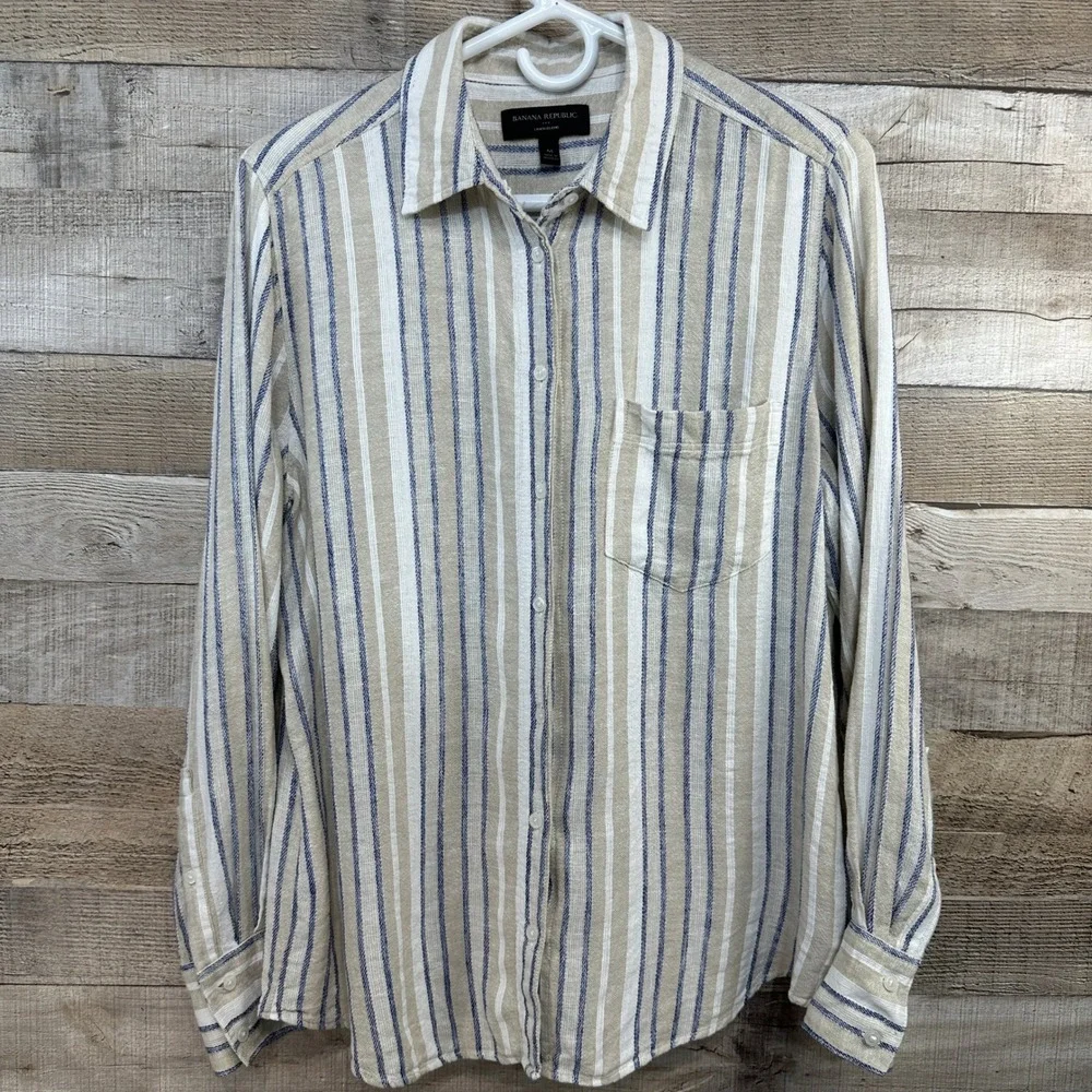Banana Republic Linen Blend Striped Button Up Shirt Womens Medium Beige Navy - Picture 1 of 7